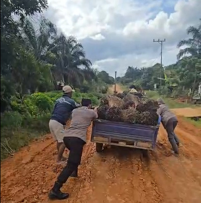 Wujud Kepedulian Polri, Personel Polsek Lamandau Bantu Warga Dorong Kendaraan Pengangkut Sawit
