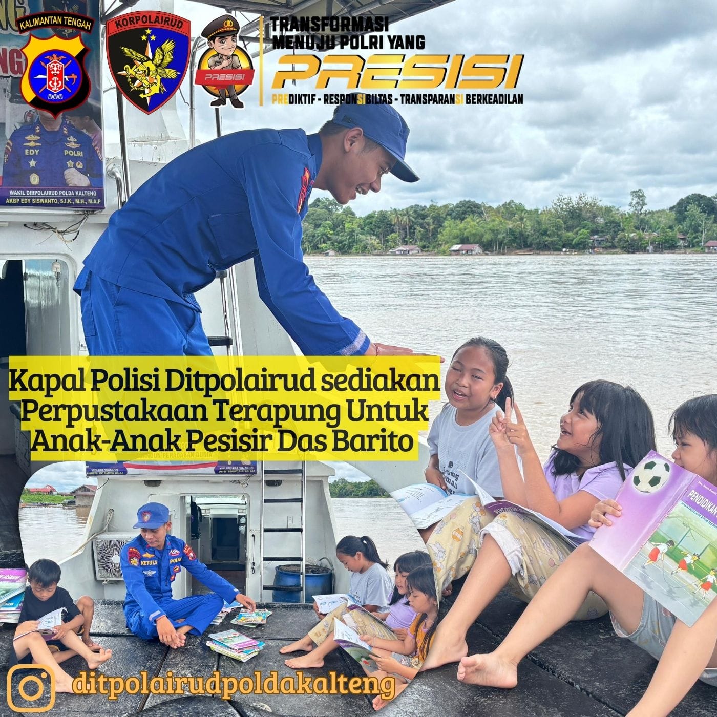 Kapal Polisi Ditpolairud Sediakan Perpustakaan Terapung Untuk Anak-Anak Pesisir Das Barito