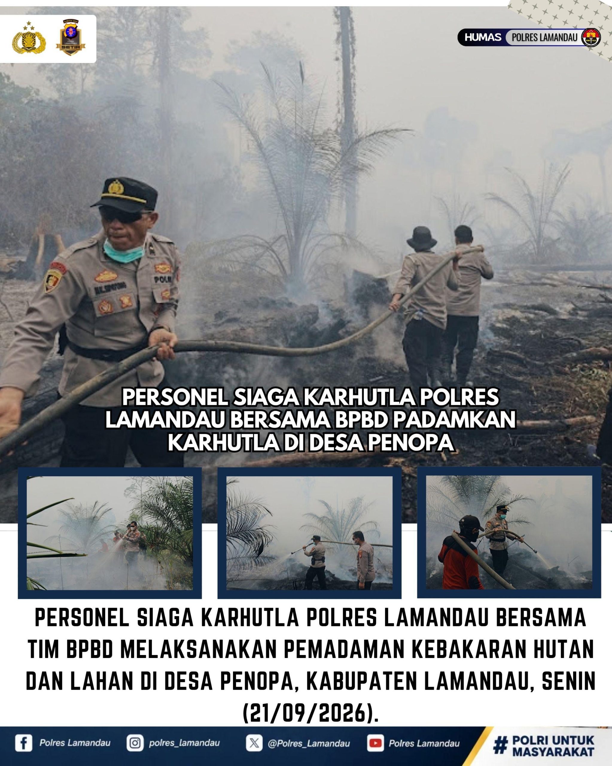 Personel Siaga Karhutla Polres Lamandau Bersama BPBD Padamkan Karhutla di Desa Penopa