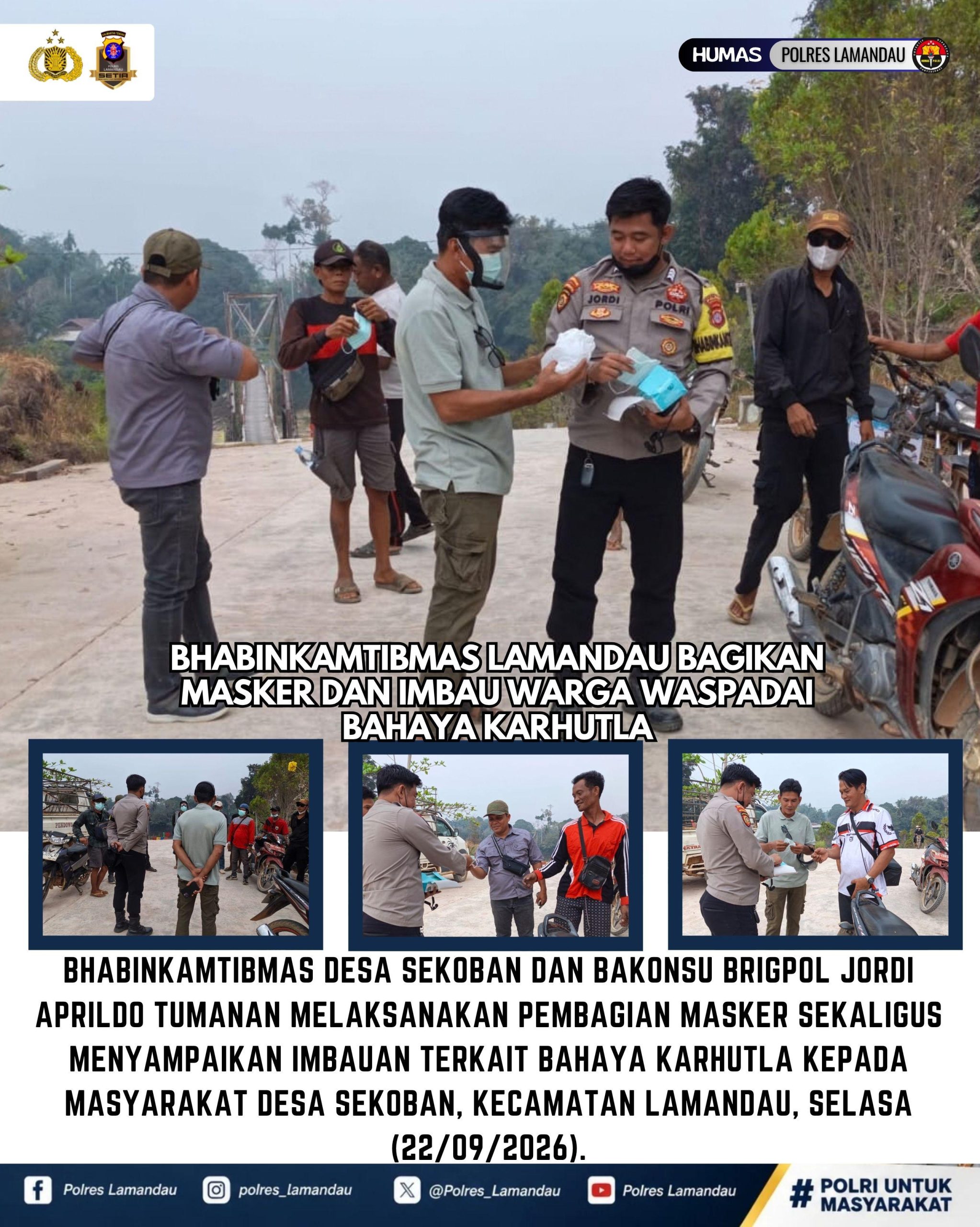 Bhabinkamtibmas Lamandau Bagikan Masker dan Imbau Warga Waspadai Bahaya Karhutla
