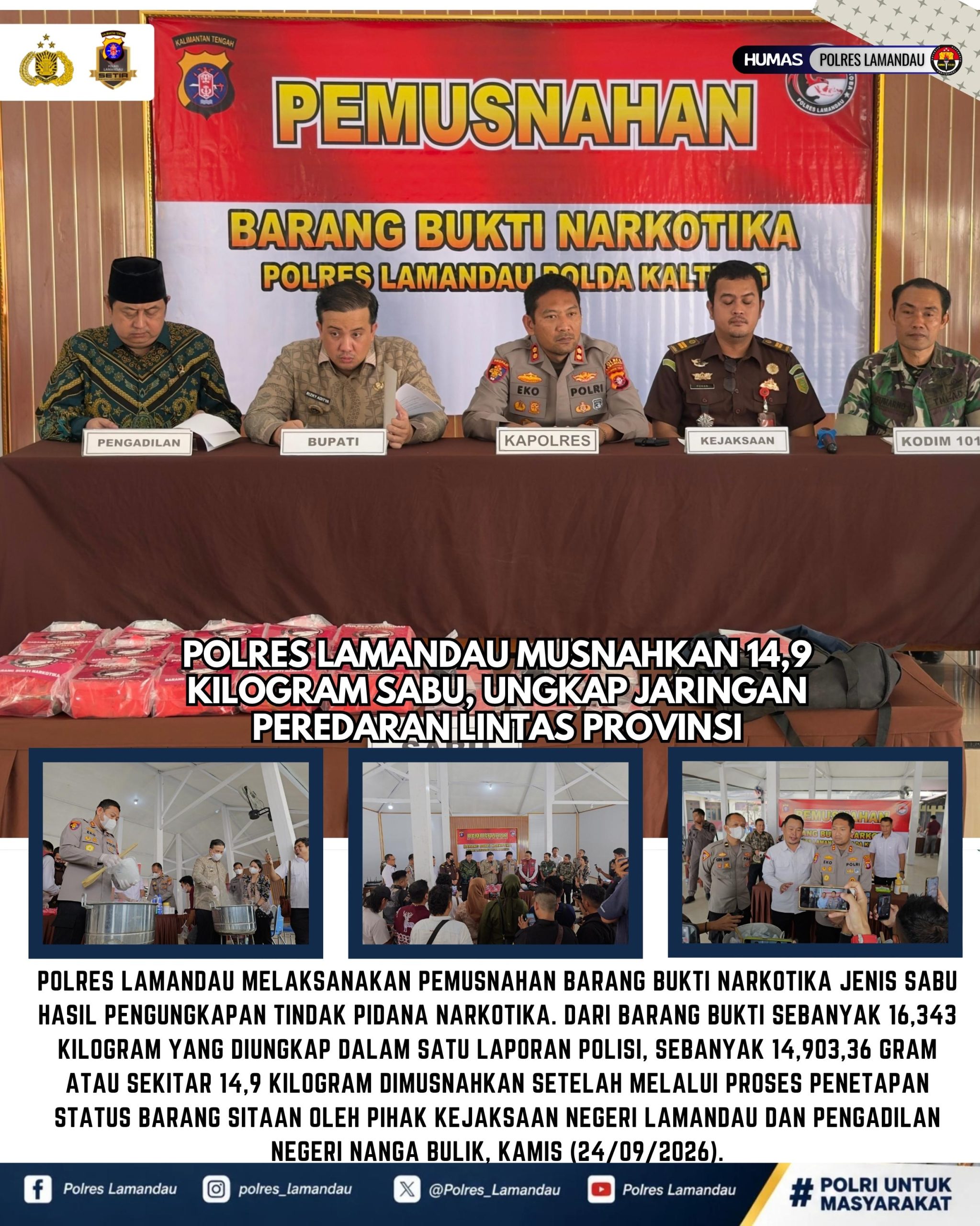 Polres Lamandau Musnahkan 14,9 Kilogram Sabu, Ungkap Jaringan Peredaran Lintas Provinsi