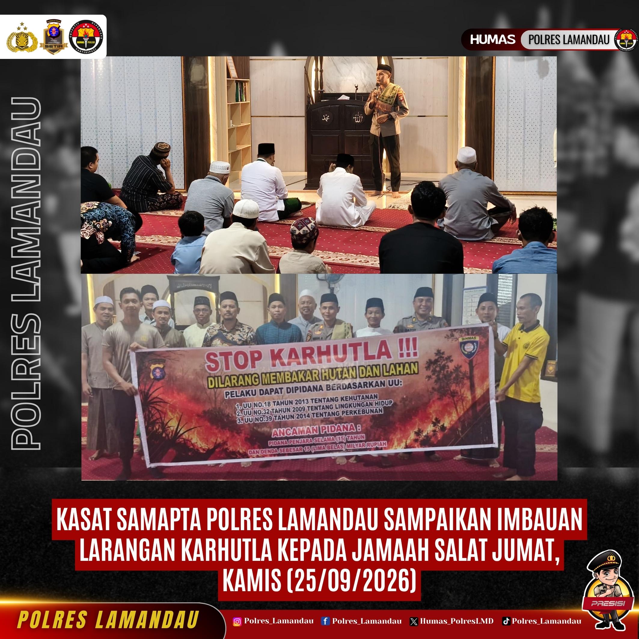 Kasat Samapta Polres Lamandau Sampaikan Imbauan Larangan Karhutla kepada Jamaah Salat Jumat