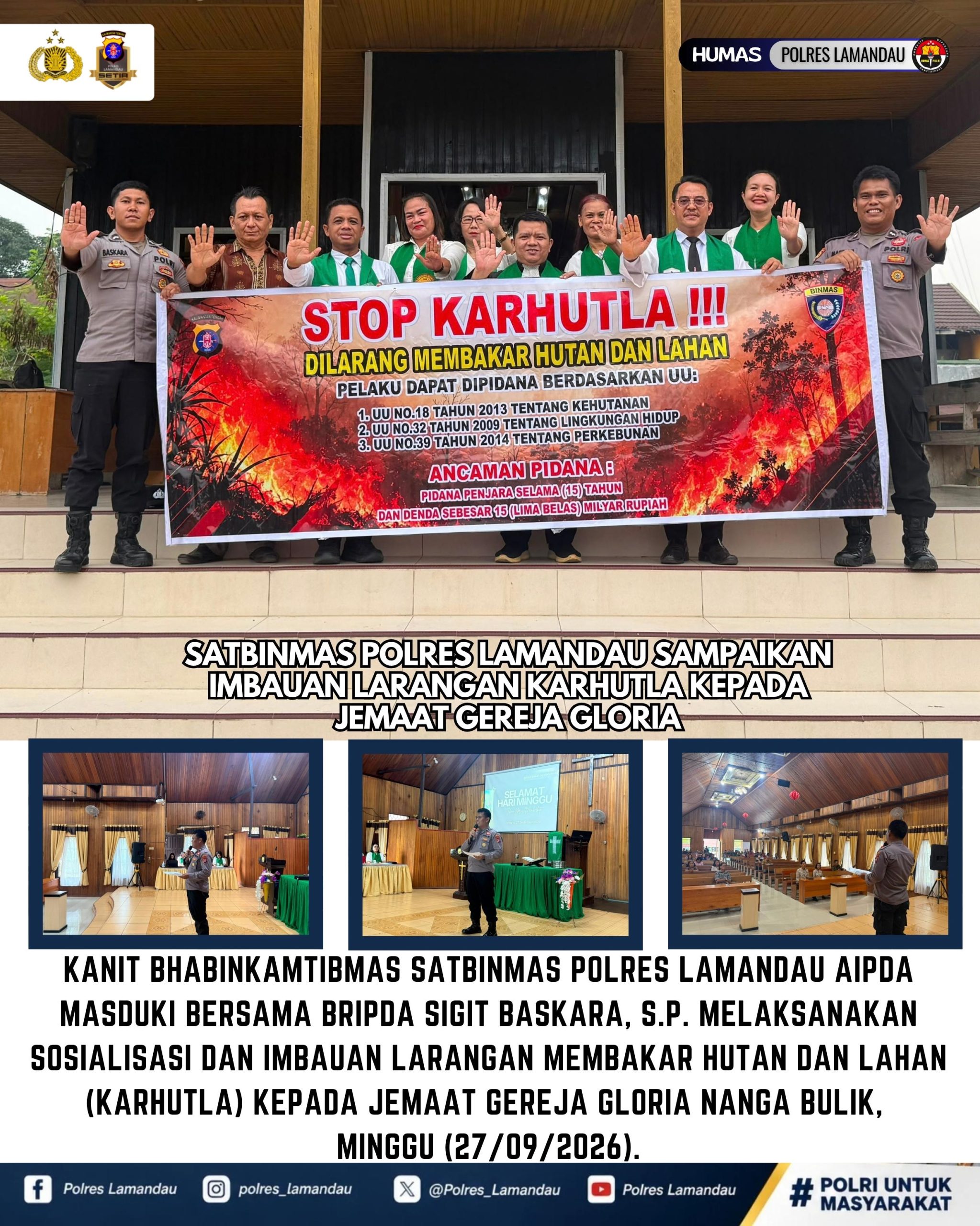 Satbinmas Polres Lamandau Sampaikan Imbauan Larangan Karhutla kepada Jemaat Gereja Gloria