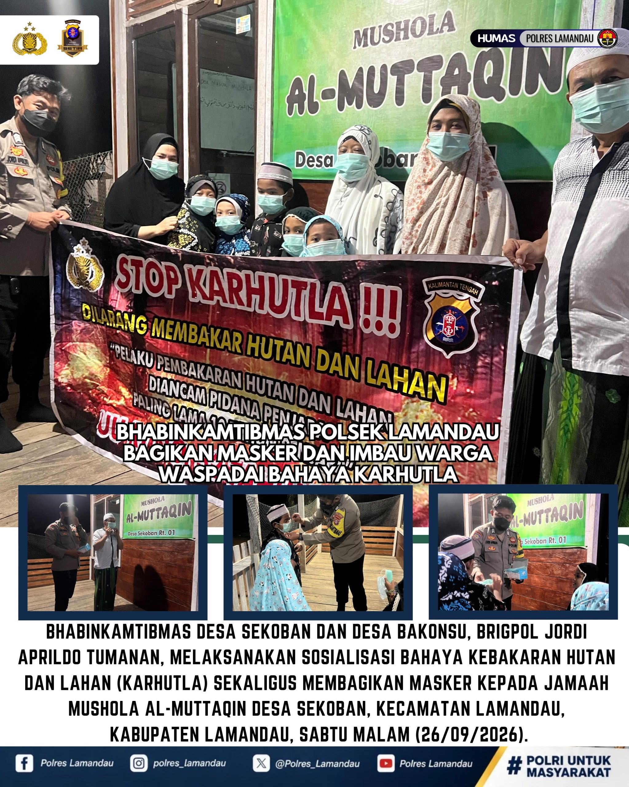 Bhabinkamtibmas polsek Lamandau Bagikan Masker dan Imbau Warga Waspadai Bahaya Karhutla