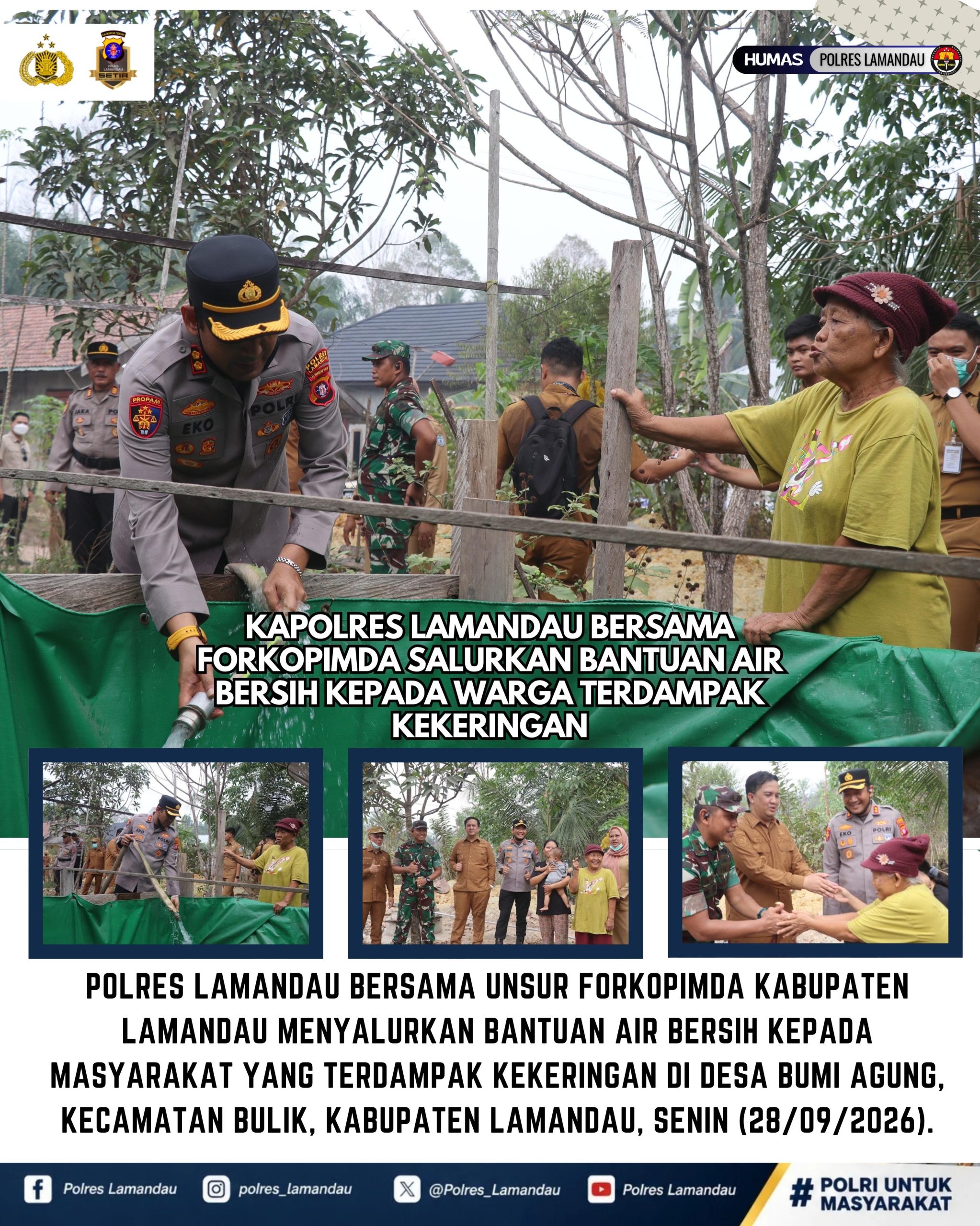 Kapolres Lamandau Bersama Forkopimda Salurkan Bantuan Air Bersih kepada Warga Terdampak Kekeringan