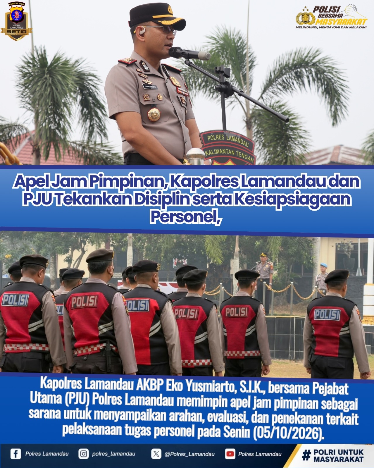 Apel Jam Pimpinan, Kapolres Lamandau dan PJU Tekankan Disiplin serta Kesiapsiagaan Personel