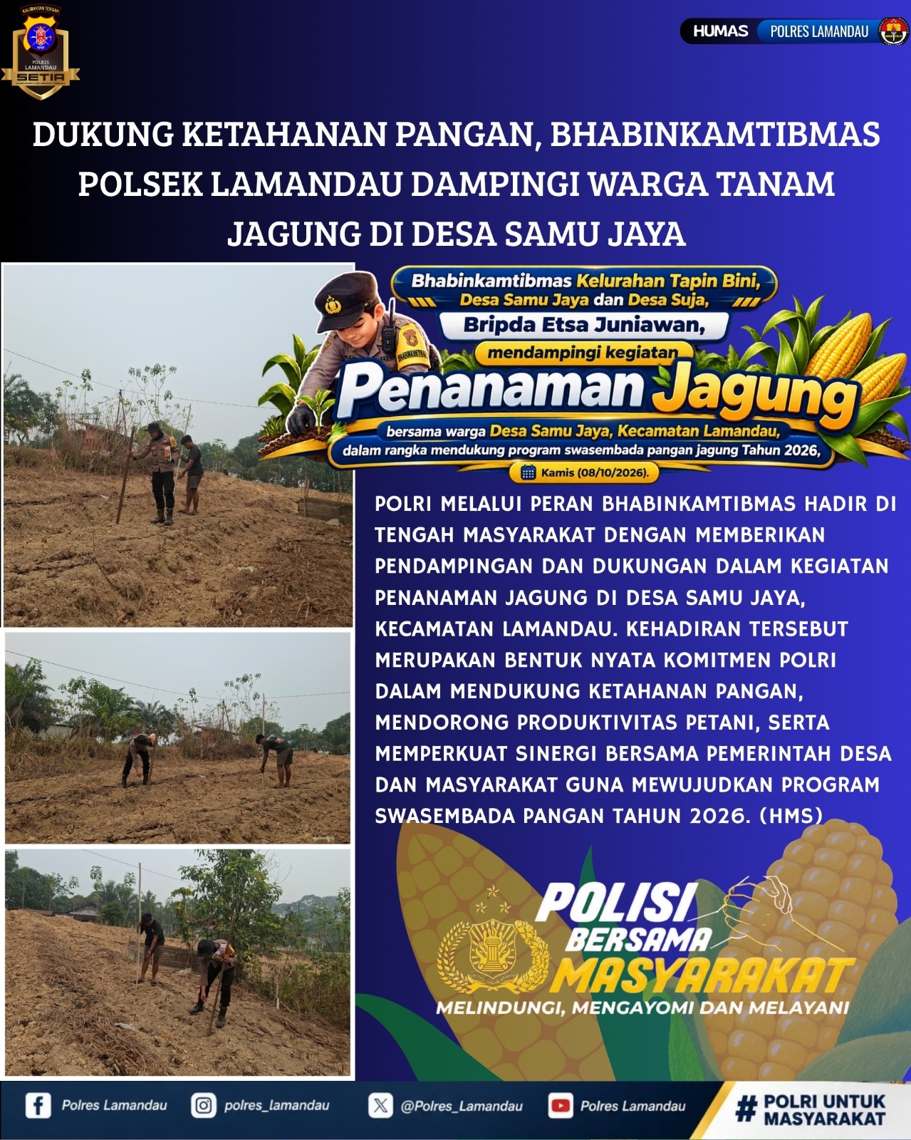 Dukung Ketahanan Pangan, Bhabinkamtibmas Dampingi Warga Tanam Jagung di Samu Jaya