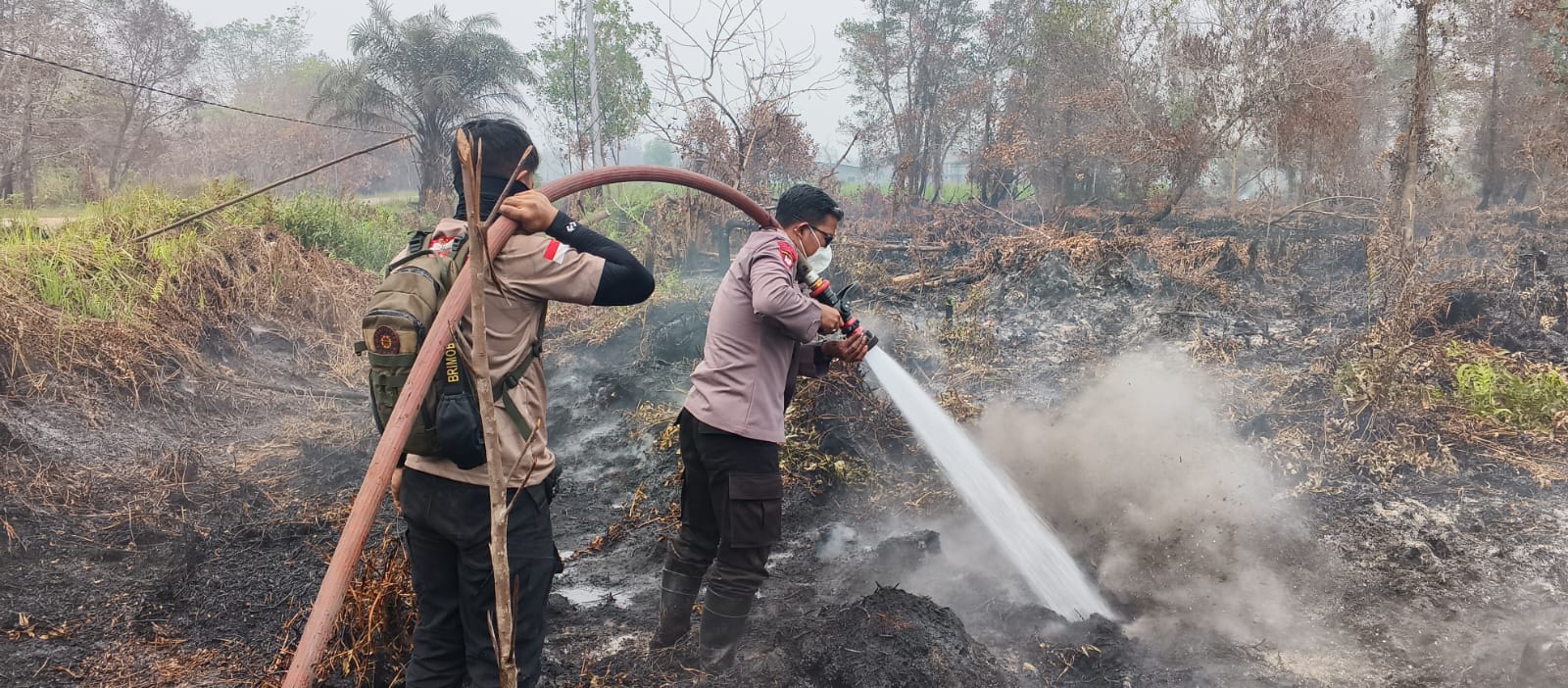 Satbrimob Polda Kalteng Lakukan Pemadaman dan Pembasahan Karhutla di Jalan G. Obos XXVI